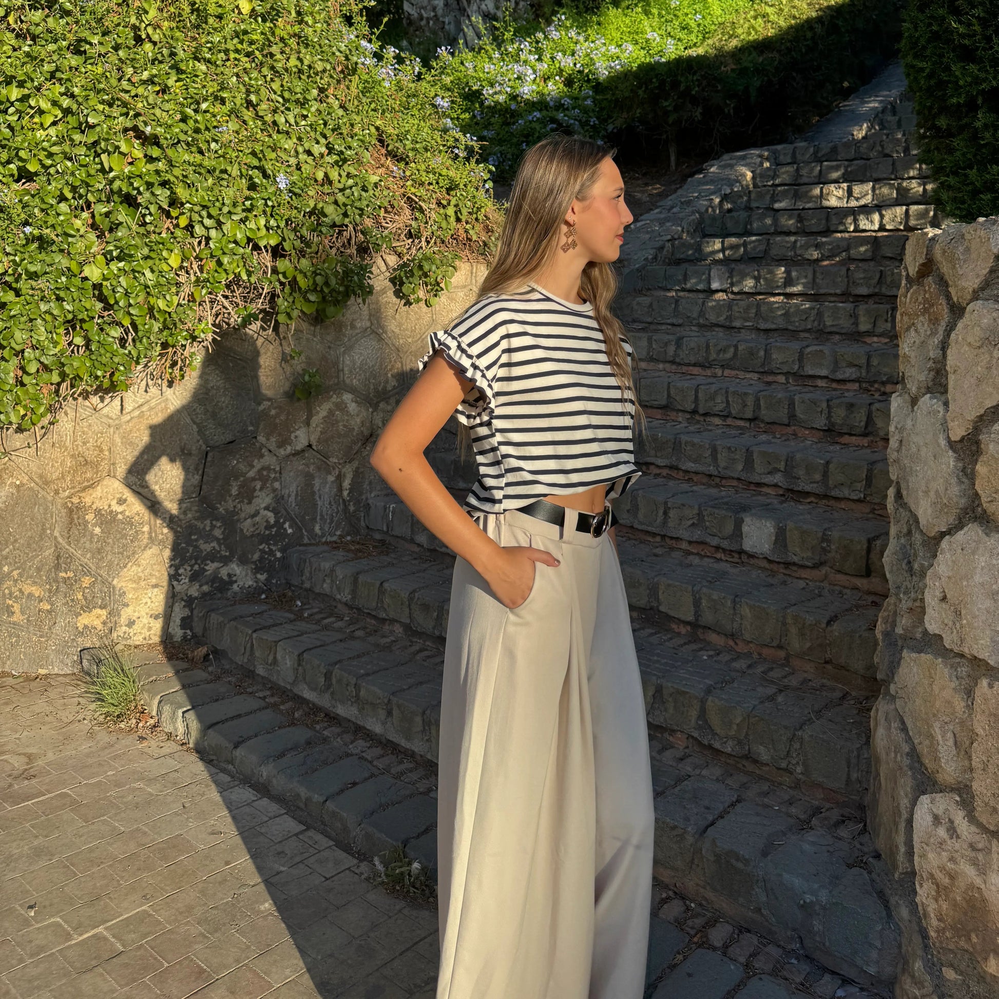 Pantalón traje ancho beige