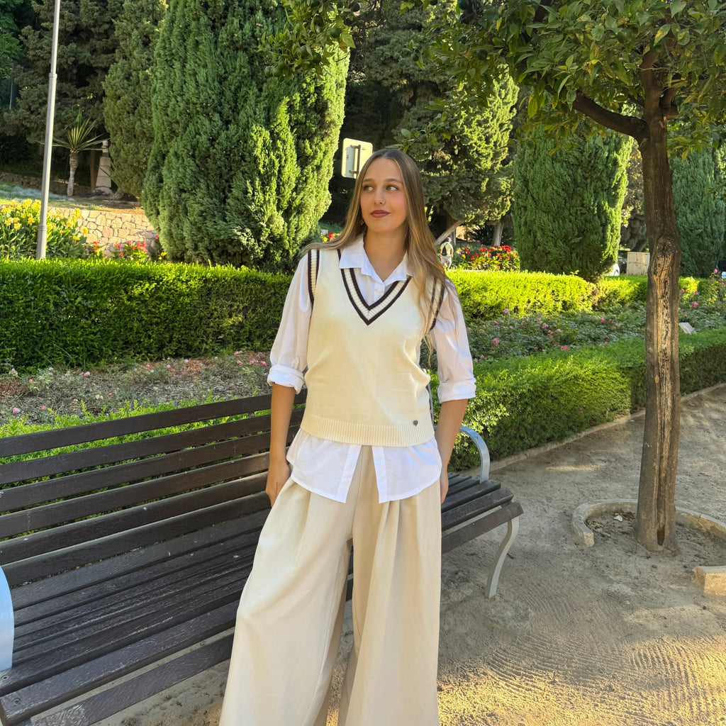 Pantalón traje ancho beige